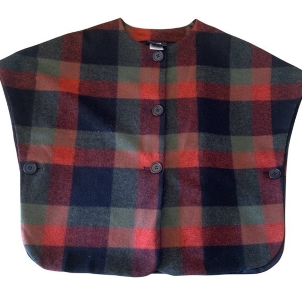 Maeve Anthropologie Buffalo Plaid Cape Poncho Red Black Green Lined One Size
